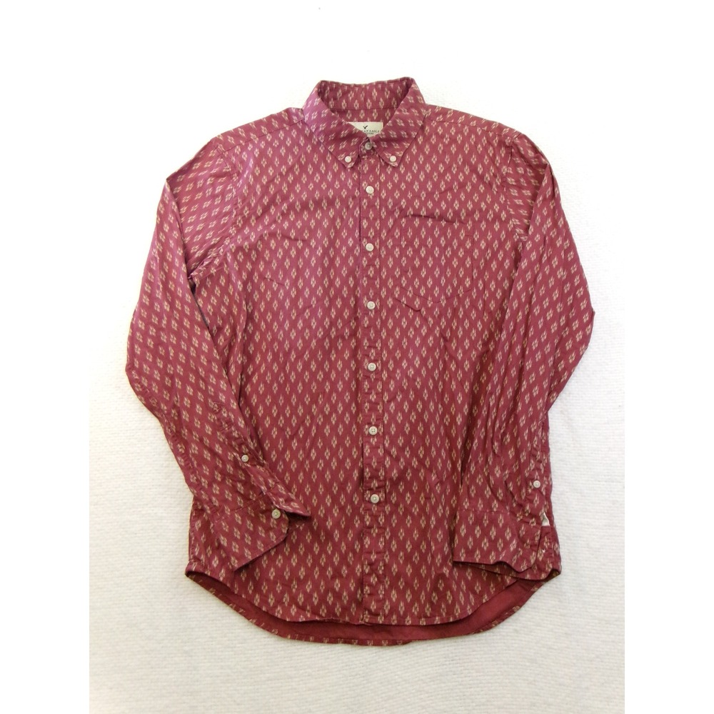 American Eagle Seriously Soft Button Down Shirt Mens Medium Maroon Ikat Diamond